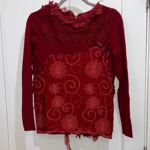 Elegant lace Red Women's cardigan with ribbon roses and button Detailing